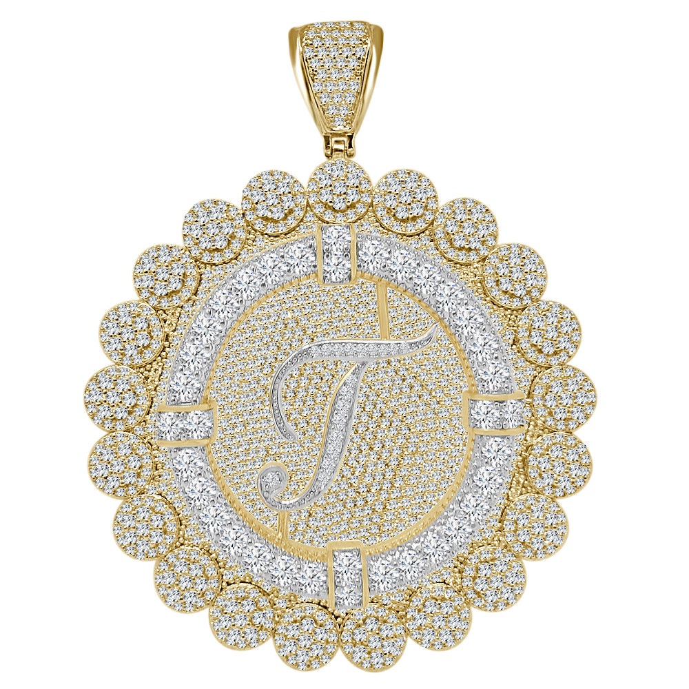 85+ Grams Big Jumbo 3.75'' 8.00 Cwt. Simulated Diamond Cursive Initial Letter Alphabet "T" Men's Custom Flower Pendant Charm Round Medallion