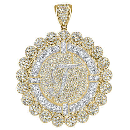 85+ Grams Big Jumbo 3.75'' 8.00 Cwt. Simulated Diamond Cursive Initial Letter Alphabet "T" Men's Custom Flower Pendant Charm Round Medallion
