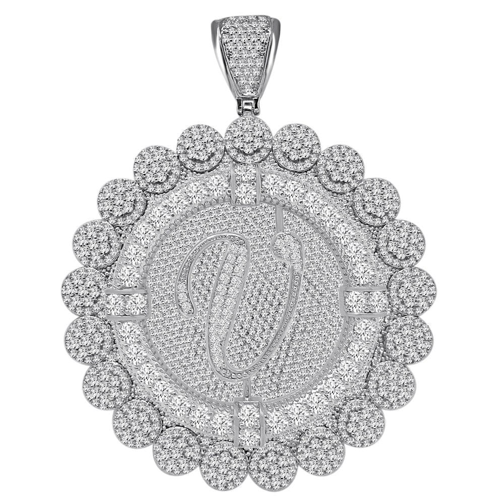 85+ Grams Big Jumbo 3.75'' 8.00 Cwt. Simulated Diamond Cursive Initial Letter Alphabet "V" Men's Custom Flower Pendant Charm Round Medallion