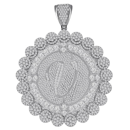 85+ Grams Big Jumbo 3.75'' 8.00 Cwt. Simulated Diamond Cursive Initial Letter Alphabet "V" Men's Custom Flower Pendant Charm Round Medallion