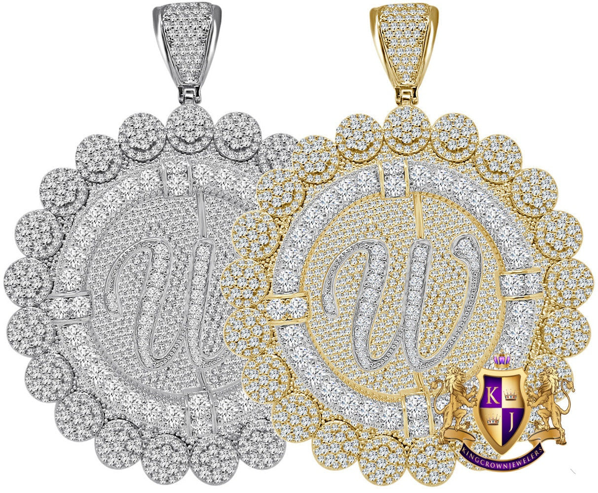 85+ Grams Big Jumbo 3.75'' 8.00 Cwt. Simulated Diamond Cursive Initial Letter Alphabet "W" Men's Custom Flower Pendant Charm Round Medallion