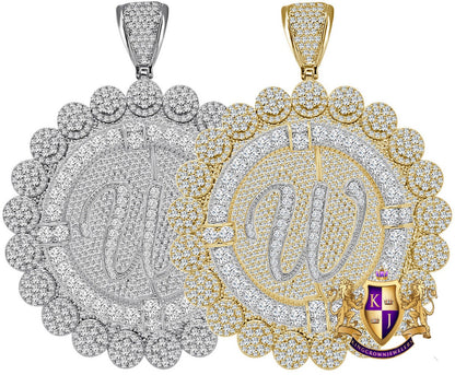 85+ Grams Big Jumbo 3.75'' 8.00 Cwt. Simulated Diamond Cursive Initial Letter Alphabet "W" Men's Custom Flower Pendant Charm Round Medallion