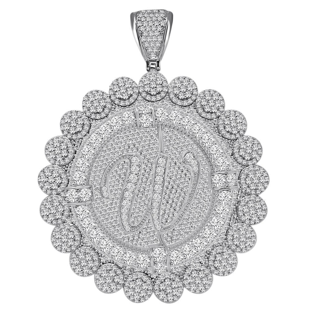 85+ Grams Big Jumbo 3.75'' 8.00 Cwt. Simulated Diamond Cursive Initial Letter Alphabet "W" Men's Custom Flower Pendant Charm Round Medallion