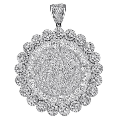 85+ Grams Big Jumbo 3.75'' 8.00 Cwt. Simulated Diamond Cursive Initial Letter Alphabet "W" Men's Custom Flower Pendant Charm Round Medallion