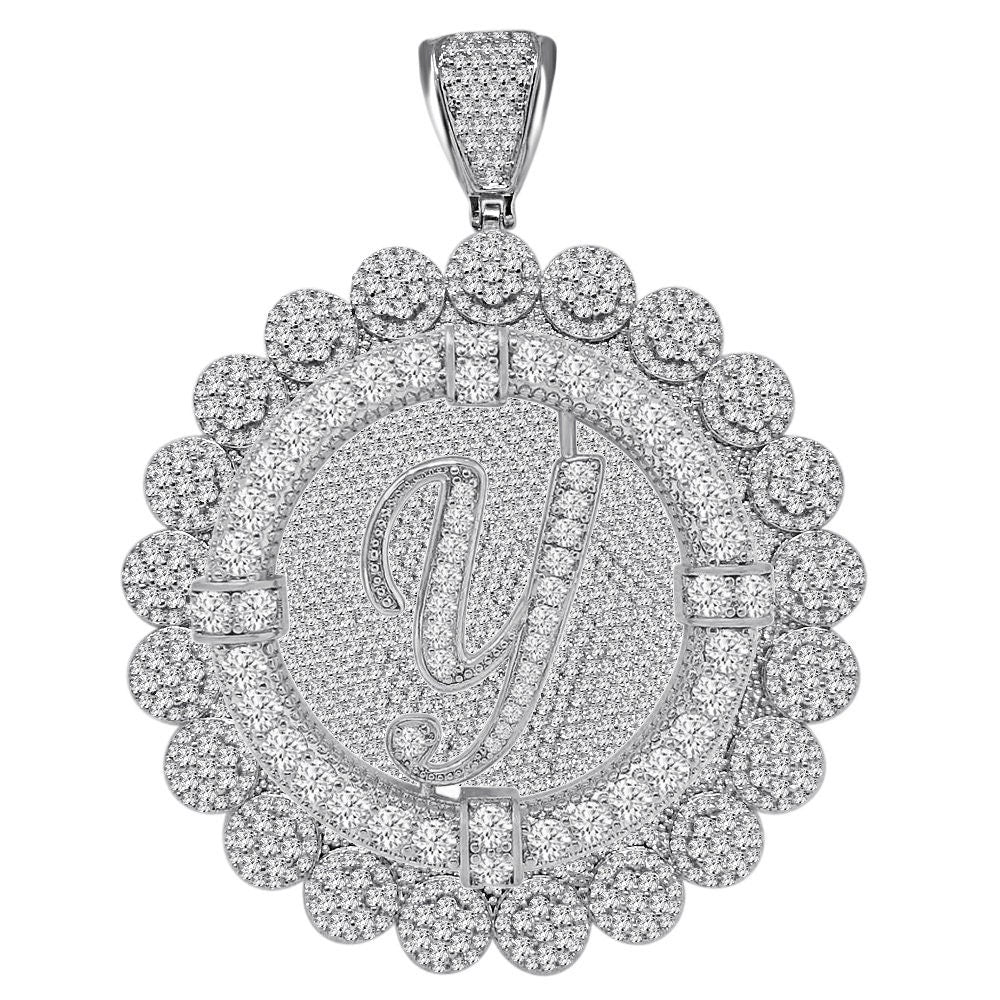 85+ Grams Big Jumbo 3.75'' 8.00 Cwt. Simulated Diamond Cursive Initial Letter Alphabet "Y" Men's Custom Flower Pendant Charm Round Medallion
