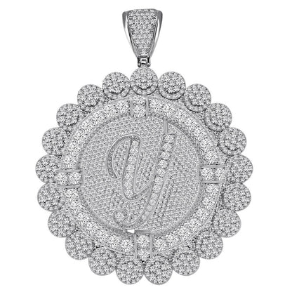85+ Grams Big Jumbo 3.75'' 8.00 Cwt. Simulated Diamond Cursive Initial Letter Alphabet "Y" Men's Custom Flower Pendant Charm Round Medallion