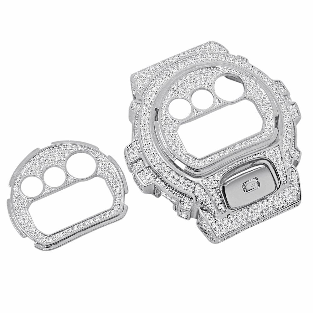 14K Gold Finish Face Plate + Bezel + G Button 3 Piece Combo Set G-Shock DW6900 4.50 Cwt. Simulated Diamond Watch Custom Insert Cover Case