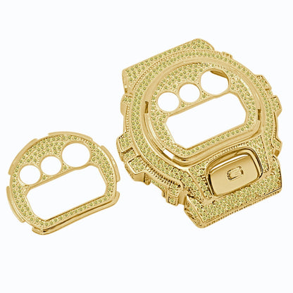 14K Gold Finish Face Plate + Bezel + G Button 3 Piece Combo Set G-Shock DW6900 4.50 Cwt. Simulated Diamond Watch Custom Insert Cover Case