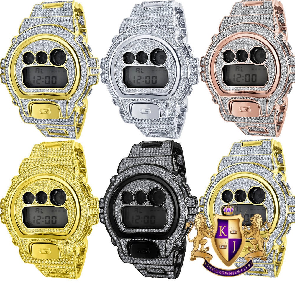 Men's Authentic Genuine Custom Casio G-Shock DW6900 Digital Watch Water Resistant Fully Iced Out 10 Cwt. Simulated Diamond 18k Gold Finish