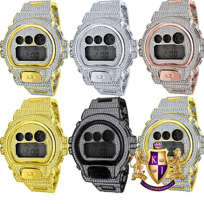 Men's Authentic Genuine Custom Casio G-Shock DW6900 Digital Watch Water Resistant Fully Iced Out 10 Cwt. Simulated Diamond 18k Gold Finish