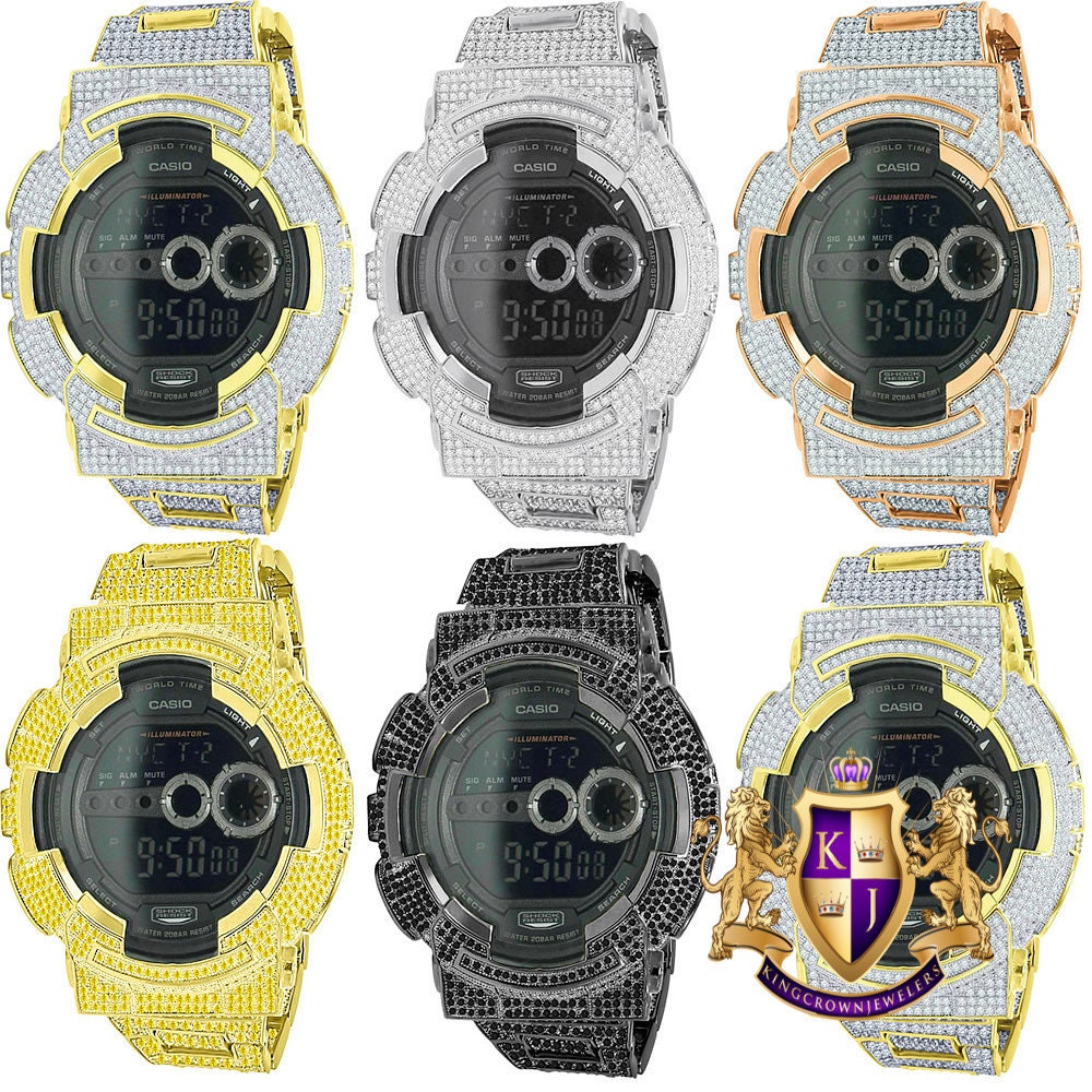Men's 18K Gold Finish 9 Ct Simulated Diamond Solid Steel Back Authentic Casio G Shock GD100-1B Iced Out Water Resistant Digital Custom Watch
