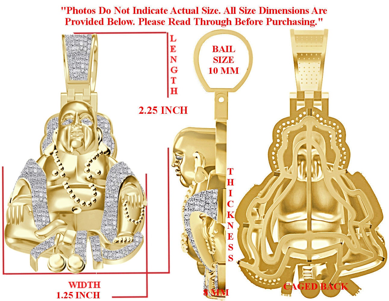 Real Genuine Authentic Diamond 0.61 Cwt. 27+ Grams Lord Gautama Buddha Buddhist Meditation Pendent 10K Gold Over Religious Charm + Chain 2''