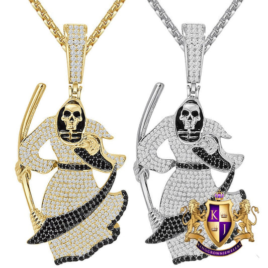 35+ Grams Big 2.75'' Real Sterling Silver 2.00 Cwt. Simulated Diamond Santa Muerte Grim Reaper Angel of Death 14K Gold Over Pendant Charm