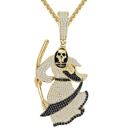 35+ Grams Big 2.75'' Real Sterling Silver 2.00 Cwt. Simulated Diamond Santa Muerte Grim Reaper Angel of Death 14K Gold Over Pendant Charm