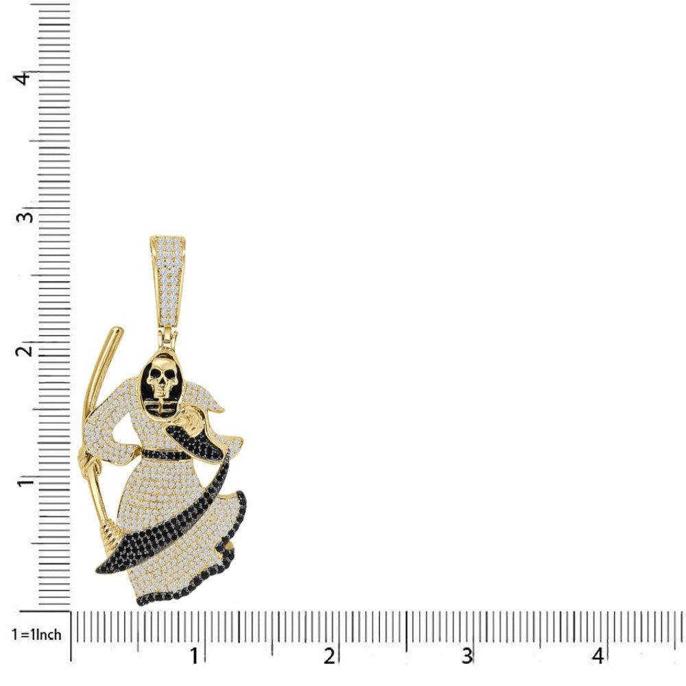 35+ Grams Big 2.75'' Real Sterling Silver 2.00 Cwt. Simulated Diamond Santa Muerte Grim Reaper Angel of Death 14K Gold Over Pendant Charm