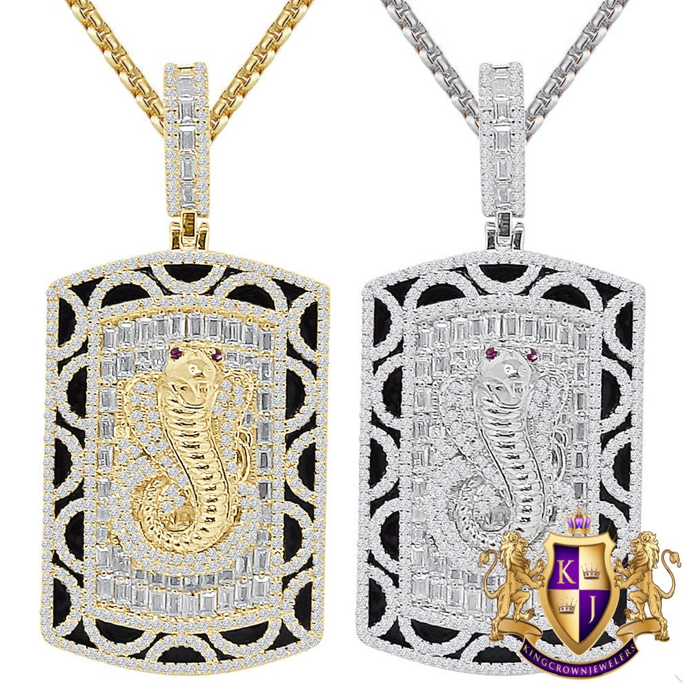 Men's 35+ Grams Real Sterling Silver 2.00 Cwt. Simulated Diamond Cobra Snake Evil Power 14K Gold Over Dog Tag Frame Pendant Charm 2.25''
