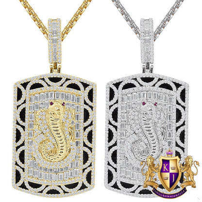 Men's 35+ Grams Real Sterling Silver 2.00 Cwt. Simulated Diamond Cobra Snake Evil Power 14K Gold Over Dog Tag Frame Pendant Charm 2.25''