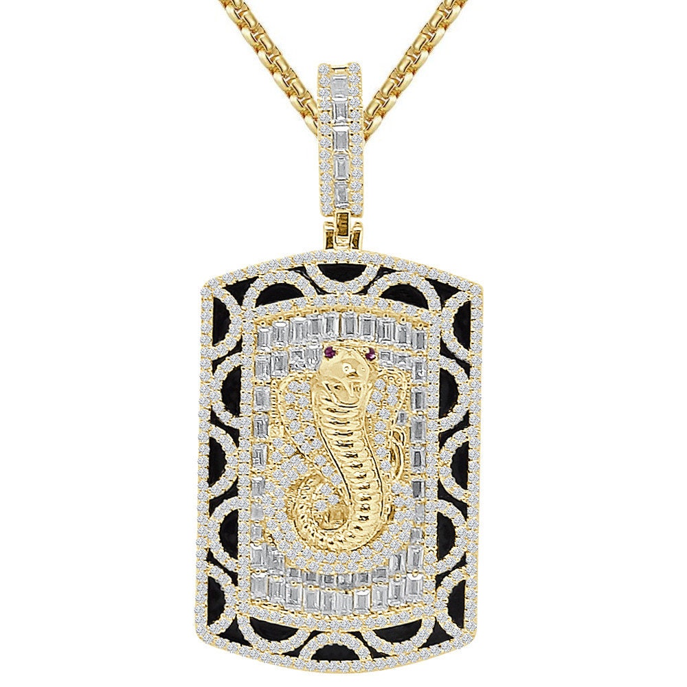 Men's 35+ Grams Real Sterling Silver 2.00 Cwt. Simulated Diamond Cobra Snake Evil Power 14K Gold Over Dog Tag Frame Pendant Charm 2.25''