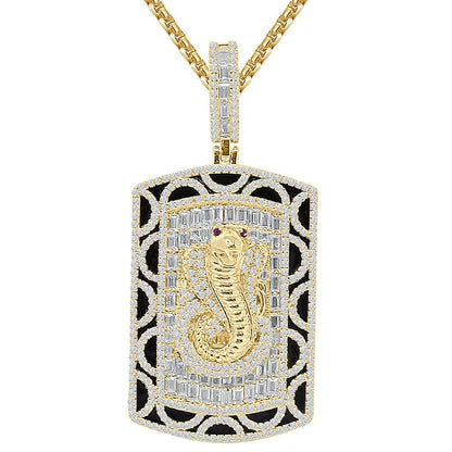 Men's 35+ Grams Real Sterling Silver 2.00 Cwt. Simulated Diamond Cobra Snake Evil Power 14K Gold Over Dog Tag Frame Pendant Charm 2.25''
