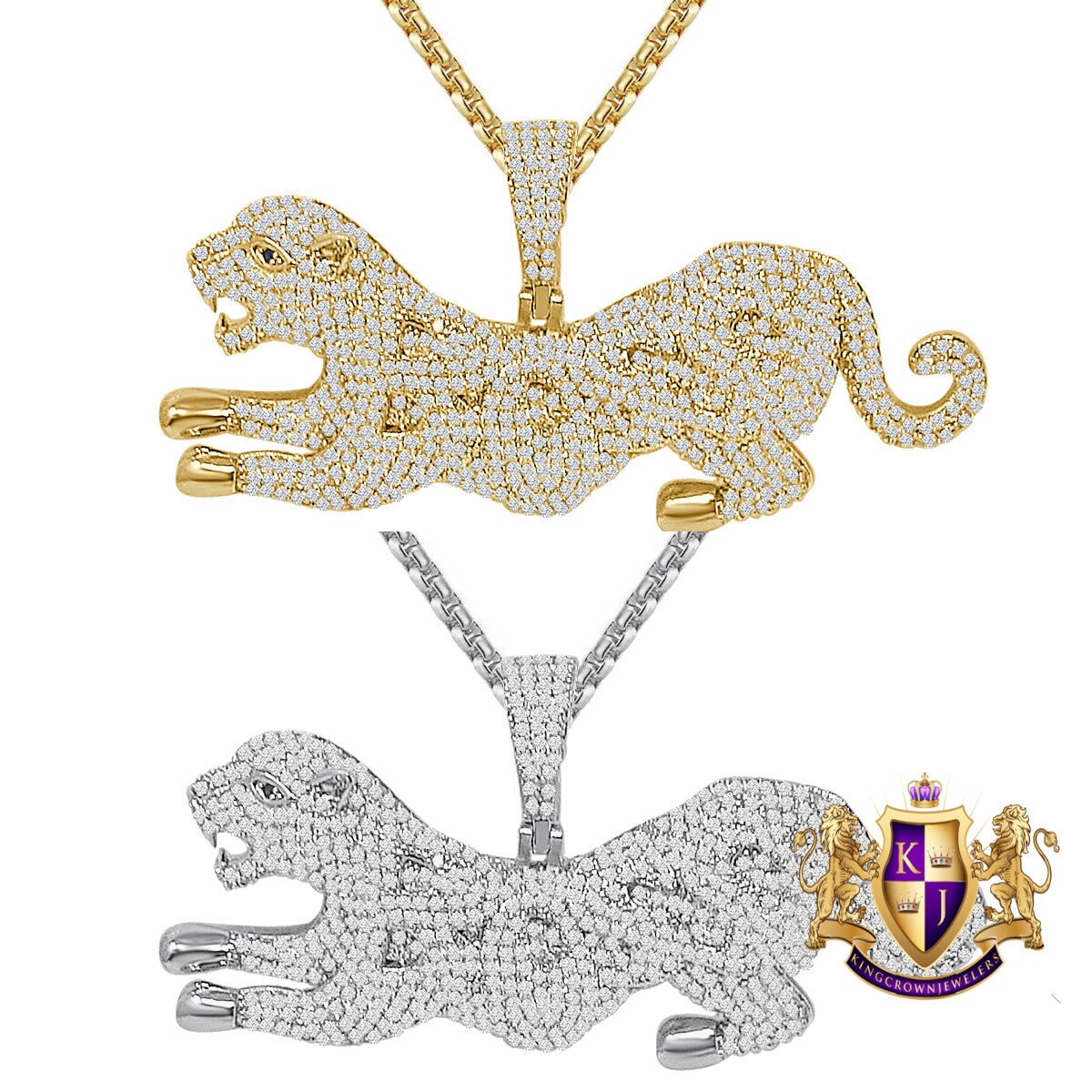 Men's 35 + Grams 3.00 Cwt. Simulated Diamond 14K Gold Over Lion Panther Pendant Jaguar Leopard Custom Charm Chain Neckless Set