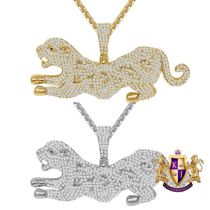 Men's 35 + Grams 3.00 Cwt. Simulated Diamond 14K Gold Over Lion Panther Pendant Jaguar Leopard Custom Charm Chain Neckless Set
