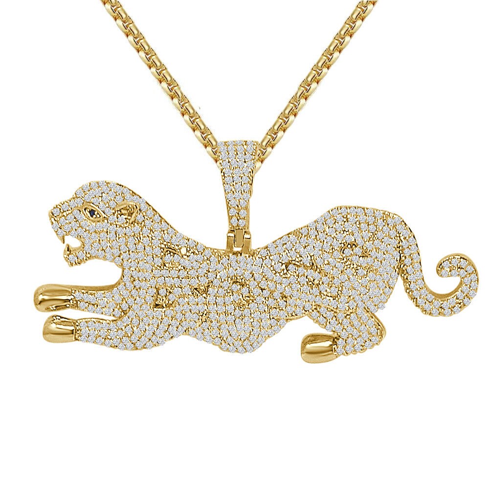 Men's 35 + Grams 3.00 Cwt. Simulated Diamond 14K Gold Over Lion Panther Pendant Jaguar Leopard Custom Charm Chain Neckless Set
