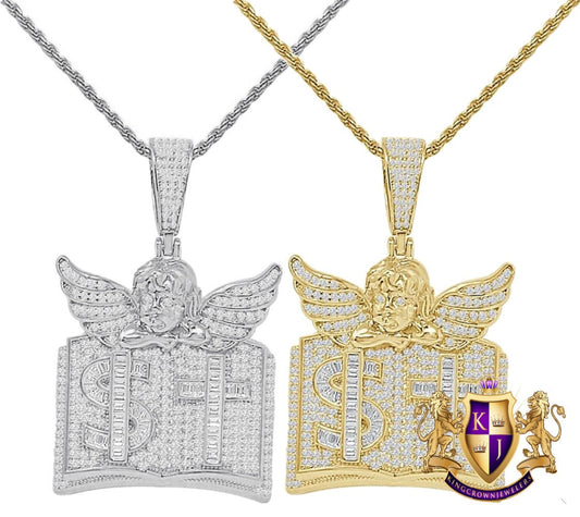 25+ Grams 14K Gold Over 3.00 Cwt. Baguette/Round Cut Simulated Diamond Angel Cross Bible Book Dollar Sign Pendent Charm Chain Neckless Set