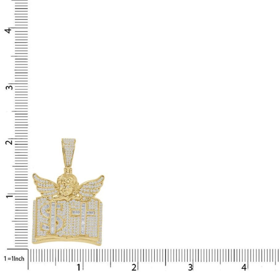 25+ Grams 14K Gold Over 3.00 Cwt. Baguette/Round Cut Simulated Diamond Angel Cross Bible Book Dollar Sign Pendent Charm Chain Neckless Set