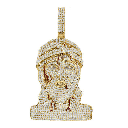 25+ Grams 3.00 Cwt. Simulated Diamond 14K Gold Finish Holy Christ Face Jesus Bleeding Head Custom Charm Pendant Big 2.75''