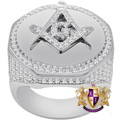 Men's Big Bold 22mm Genuine Real Sterling Silver 14k White Gold Over Masonic Freemason Mason G Compass 4.00 Cwt. Simulated Diamond Ring Band
