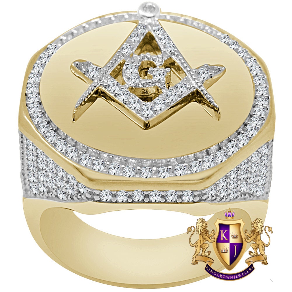 Men's Big Bold 22mm Genuine Real Sterling Silver 14k Yellow Gold On Masonic Freemason Mason G Compass 4.00 Cwt. Simulated Diamond Ring Band