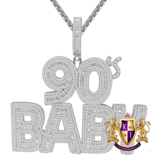 45+ Grams Real Genuine Sterling Silver 2.68 Cwt. Round & Baguette Cut Simulated Diamond 14k White Gold Over Charm 90s Baby Custom Pendant