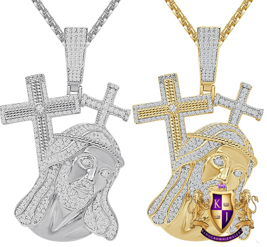 25+ Grams Real Genuine Italian Sterling Silver 2.00 Cwt. Simulated Diamond 14K Gold Over Jesus Christ Face Cross Pendant Custom Charm 2.25''