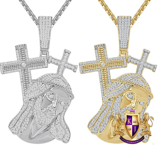 25+ Grams Real Genuine Italian Sterling Silver 2.00 Cwt. Simulated Diamond 14K Gold Over Jesus Christ Face Cross Pendant Custom Charm 2.25''