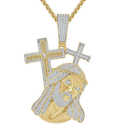 25+ Grams Real Genuine Italian Sterling Silver 2.00 Cwt. Simulated Diamond 14K Gold Over Jesus Christ Face Cross Pendant Custom Charm 2.25''