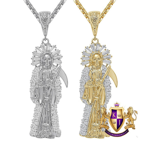 25+ Grams Real Sterling Silver 2.00 Ctw. Simulated Diamond 14K Gold Over Santa Muerte Grim Reaper Angel of Death Pendant Charm Big 2.85''