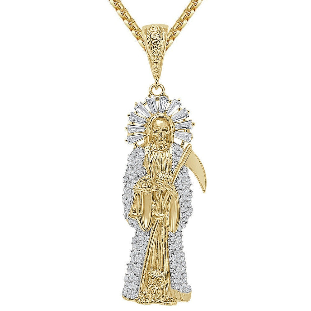 25+ Grams Real Sterling Silver 2.00 Ctw. Simulated Diamond 14K Gold Over Santa Muerte Grim Reaper Angel of Death Pendant Charm Big 2.85''