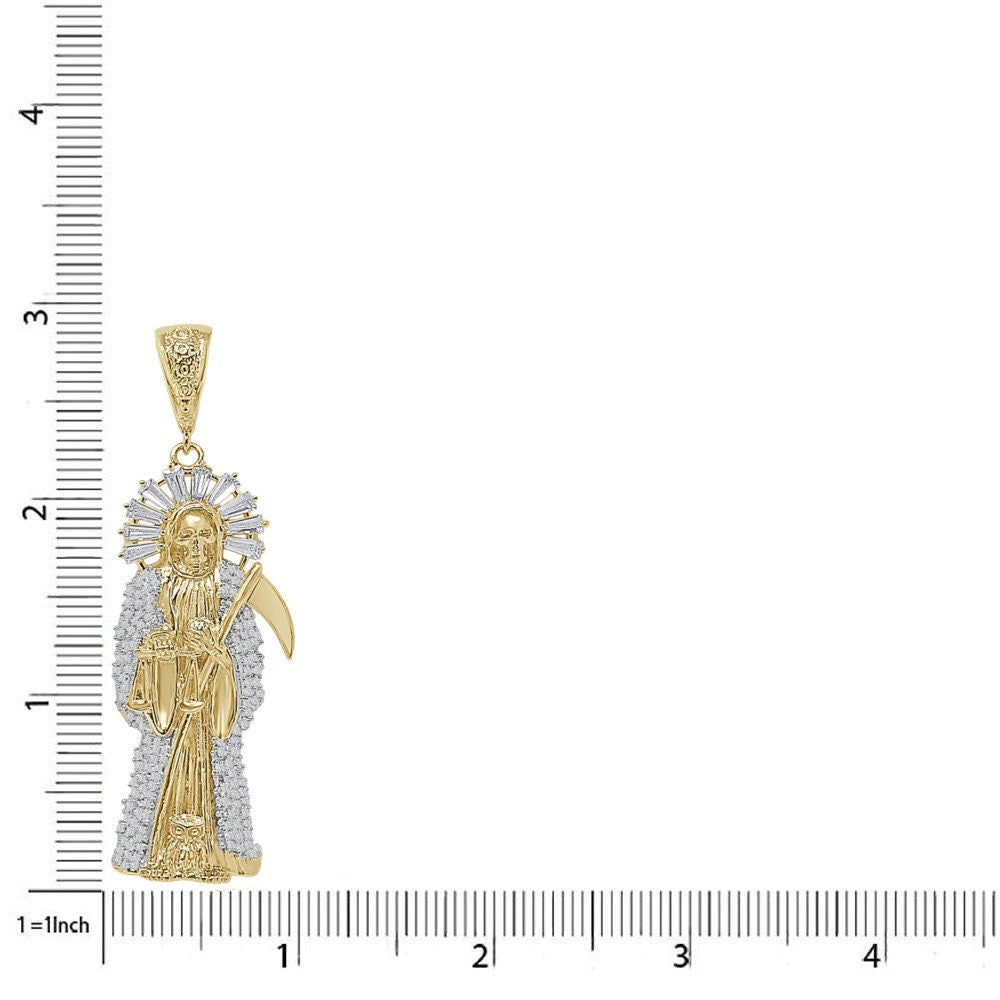 25+ Grams Real Sterling Silver 2.00 Ctw. Simulated Diamond 14K Gold Over Santa Muerte Grim Reaper Angel of Death Pendant Charm Big 2.85''