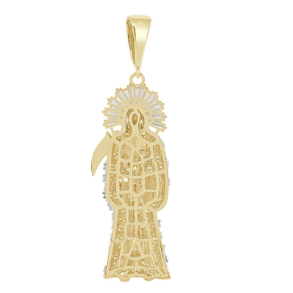 25+ Grams Real Sterling Silver 2.00 Ctw. Simulated Diamond 14K Gold Over Santa Muerte Grim Reaper Angel of Death Pendant Charm Big 2.85''