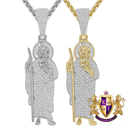 20+ Grams Real Sterling Silver 2.00 Cwt. Simulated Diamond 14K Gold Over Saint Jude San Judas Religious Jesus Unisex Pendant Charm 2.50''