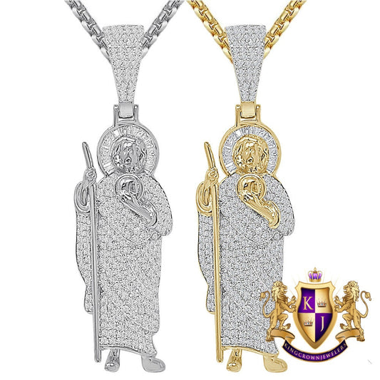 20+ Grams Real Sterling Silver 2.00 Cwt. Simulated Diamond 14K Gold Over Saint Jude San Judas Religious Jesus Unisex Pendant Charm 2.50''