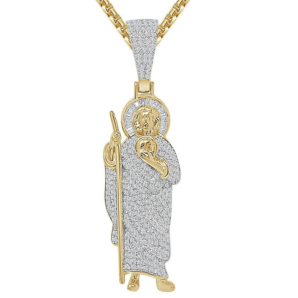 20+ Grams Real Sterling Silver 2.00 Cwt. Simulated Diamond 14K Gold Over Saint Jude San Judas Religious Jesus Unisex Pendant Charm 2.50''