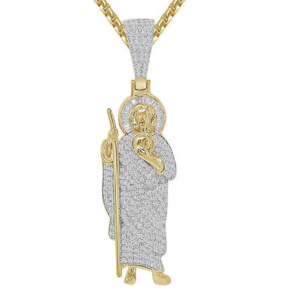 20+ Grams Real Sterling Silver 2.00 Cwt. Simulated Diamond 14K Gold Over Saint Jude San Judas Religious Jesus Unisex Pendant Charm 2.50''