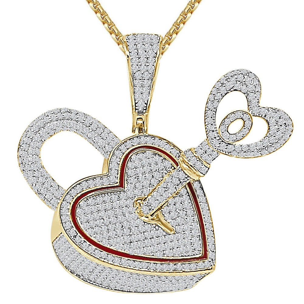 3D 24+ Grams Real Genuine Italian Sterling Silver 2.50 Ct. Simulated Diamond 14K Gold Over Love Heart Shape Lock & Key Charm Pendant 1.80''
