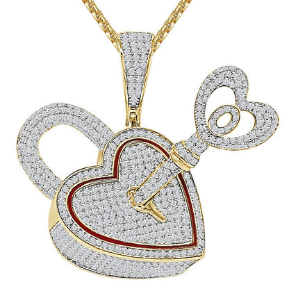 3D 24+ Grams Real Genuine Italian Sterling Silver 2.50 Ct. Simulated Diamond 14K Gold Over Love Heart Shape Lock & Key Charm Pendant 1.80''
