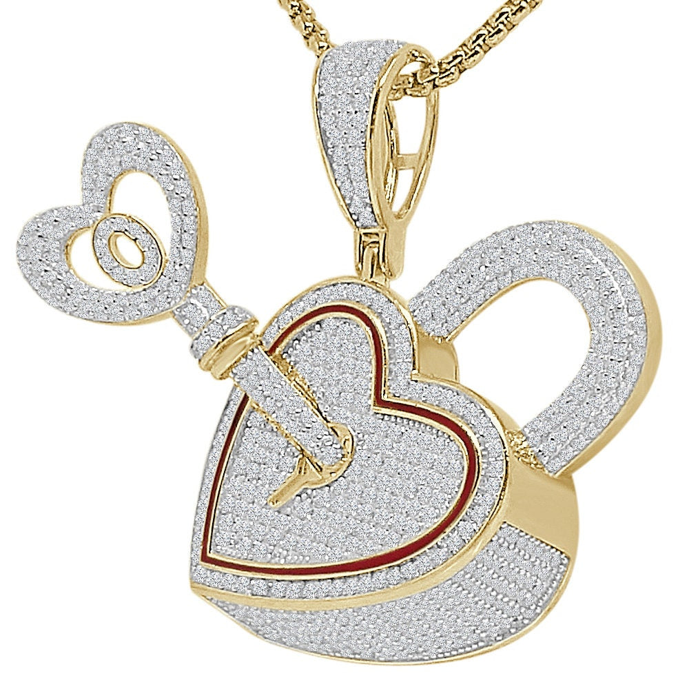 3D 24+ Grams Real Genuine Italian Sterling Silver 2.50 Ct. Simulated Diamond 14K Gold Over Love Heart Shape Lock & Key Charm Pendant 1.80''