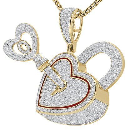 3D 24+ Grams Real Genuine Italian Sterling Silver 2.50 Ct. Simulated Diamond 14K Gold Over Love Heart Shape Lock & Key Charm Pendant 1.80''