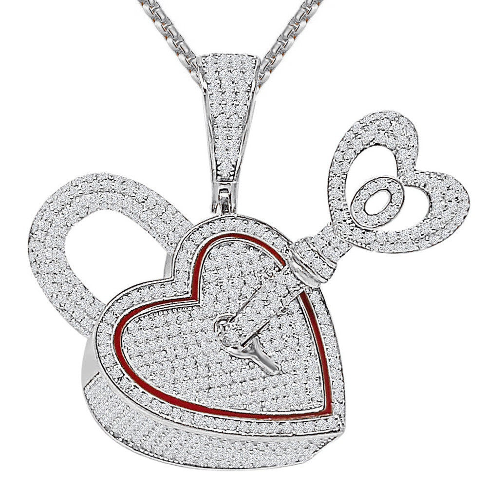 3D 24+ Grams Real Genuine Italian Sterling Silver 2.50 Ct. Simulated Diamond 14K Gold Over Love Heart Shape Lock & Key Charm Pendant 1.80''