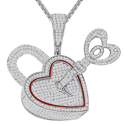 3D 24+ Grams Real Genuine Italian Sterling Silver 2.50 Ct. Simulated Diamond 14K Gold Over Love Heart Shape Lock & Key Charm Pendant 1.80''