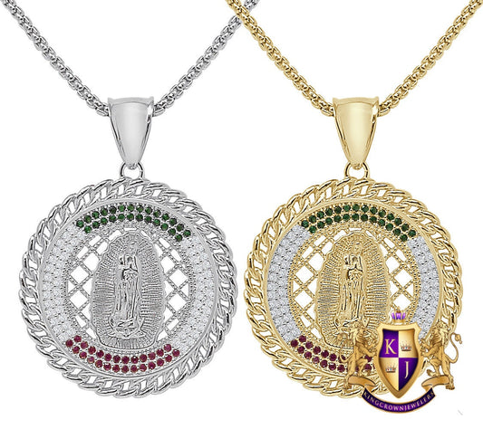 Real Genuine Sterling Silver 14K Gold On Lady Of Guadalupe Mother Mary 1.00 Cwt. Simulated Diamond Pendant Medallion Religious Charm 1.80''